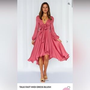 Flowy pink dress blush bow tie front open back midi dres talk fast hello Molly L
